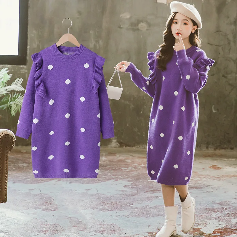 

Long Knitting Spring Winter Warm Polka Dot Sweater Girls Kids Plus Velvet Toddler Teens Tops Thicken Children Hooded High Qualit