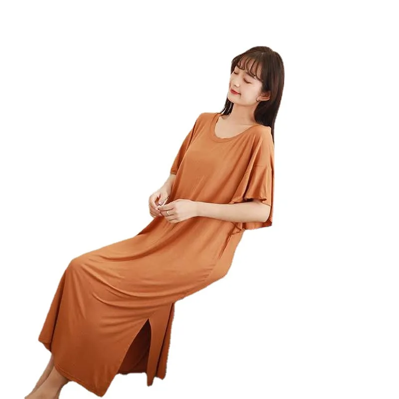 Spring Summer Women's Nightdress Large Size Modal Round Neck Short Sleeve Nightgown Casual Home Solid Color Long Skirt Sleepwear