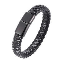 trendy men jewelry black braided leather rope bangles stainless steel magnetic buckle woven bracelet punk male wristband pd1083