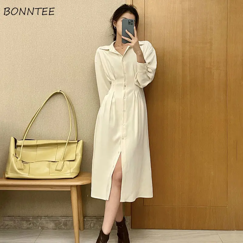 

Long Sleeve Dress Women Solid Single Breasted Turn-down Collar Mid-calf Female Vestido All-match Tender New Korean Cozy Simple