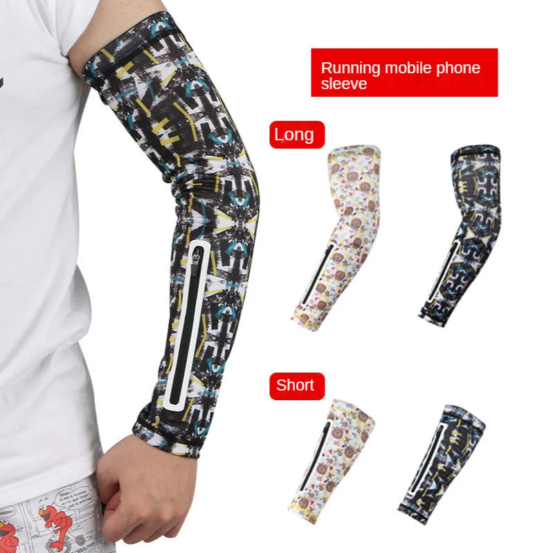 

1pcs Sports multifunctional sunscreen ice sleeves riding mobile phone arm guard arm guard seamless zipper pocket cycling sleeve