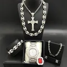 Роскошные мужские часы, ожерелье, кольцо и серьги серебристого цвета, комбинированный набор, кубинские украшения с кристаллами, ожерелье для мужчин