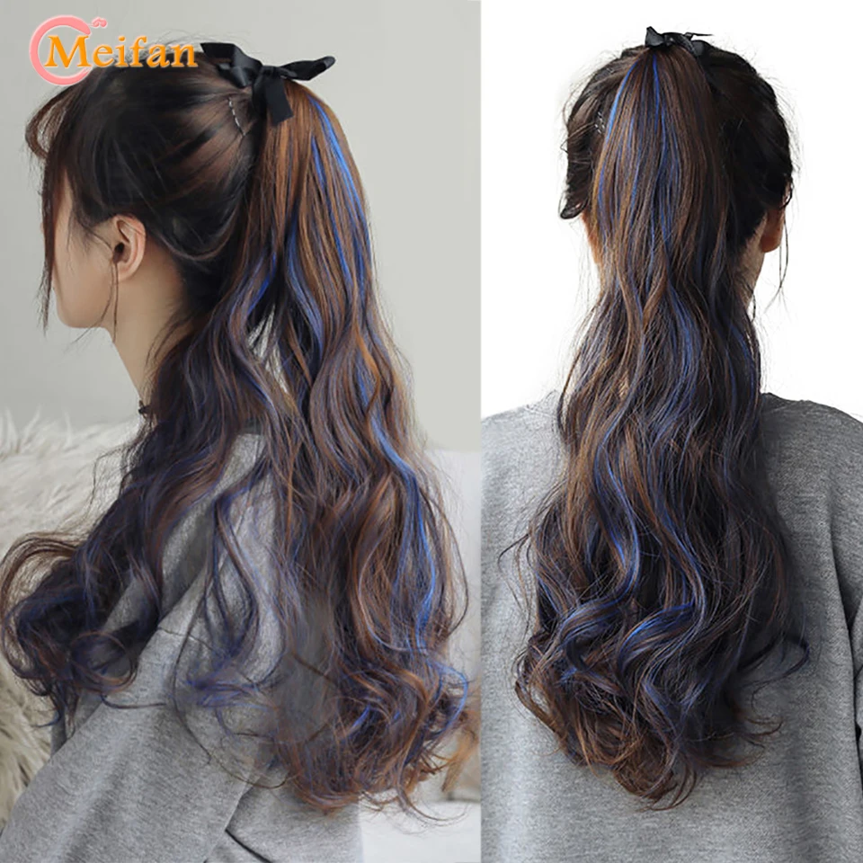 

MEIFAN Long Wavy Curly Ponytail Synthetic Natural Fake Hairpiece Blue Purple Highlight Tied to the Hair Extension Cute Ponytail