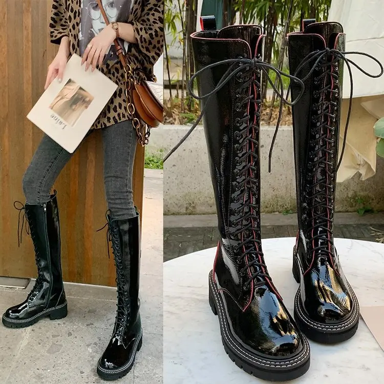 Осень зима 2019 Ботинки Martin женские сапоги из лакированной кожи на ремешках