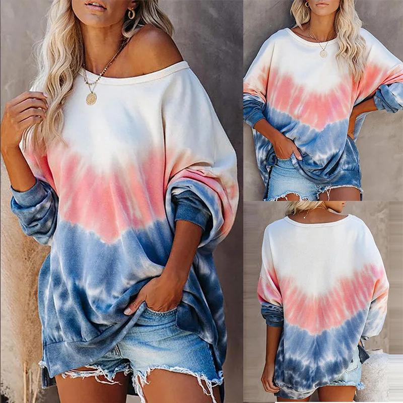 

Women's Print Contrast Long Sleeve Casual Loose Sweatershirts White Pink Blue Hoodie