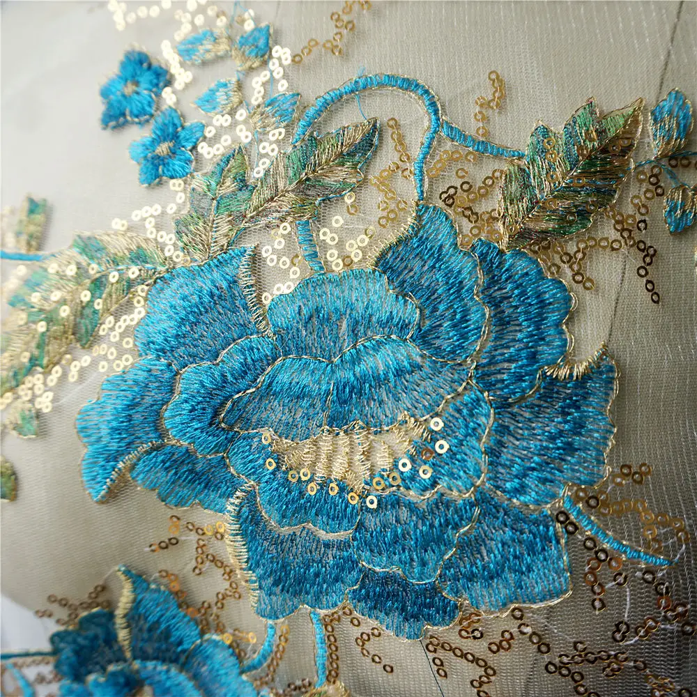 Голубой цветок пиона золотые блестки кружевная ткань вышитая искусственная