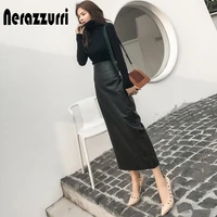 nerazzurri autumn long black pencil leather skirt women with high slit light soft faux leather skirts for women midi skirt 2021