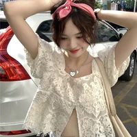 shirt temperament split square neck short sleeved shirt female design sense niche summer new korean style short top