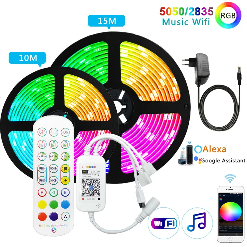 Светодиодная лента RGB 20 м 30 5050 2835 5 10 15 12 В постоянного тока ИК Wi Fi Bluetooth контроллер