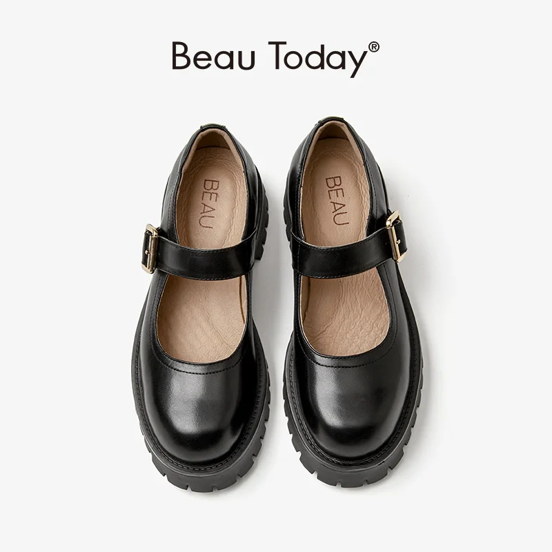 

BeauToday/Женская обувь в стиле Лолиты; Натуральная коровья кожа; Туфли Мэри Джейн с круглым носком на платформе; Ремешок с металлической пряжкой; Ручная работа; FS28414
