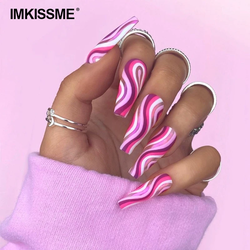 

24Pcs Fake Nails Coffin Pop Art Pink Purple Ripple Extra Long Ballet Reusable Ultra Thin Fashion Finished False Nails with Glue