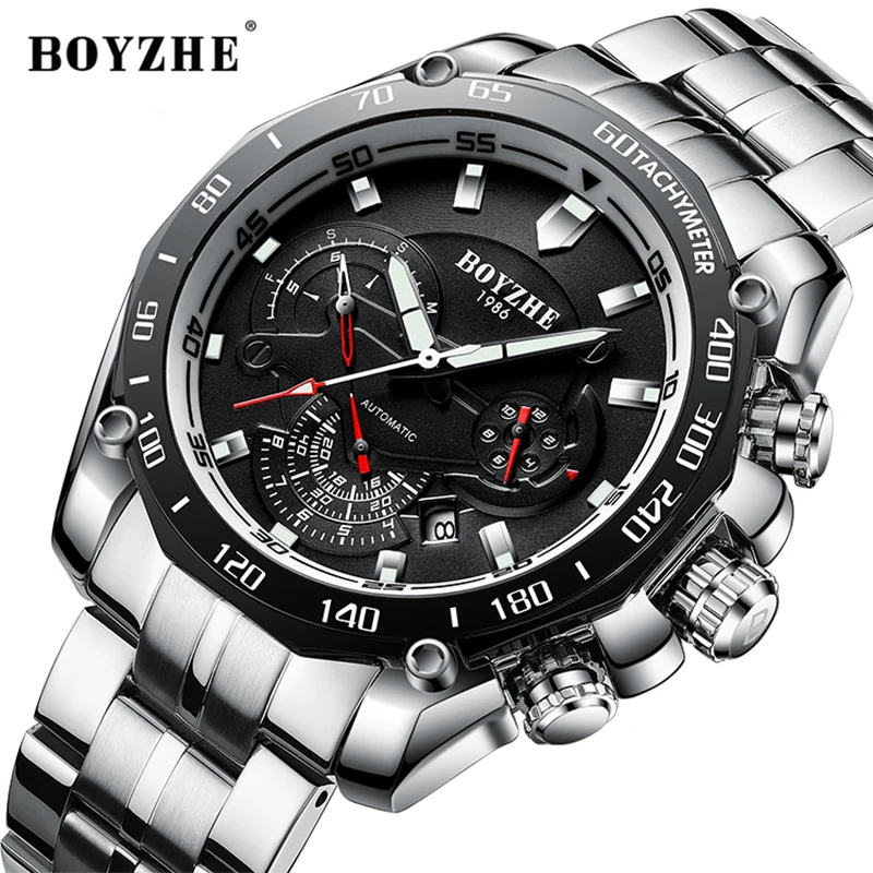 

BOYZHE Sports Mechanical Watch Men Top Brand Luxury Fashion Waterproof Steel Belt Automatic Men Watch Luminous Relogio Masculino