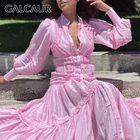 Платье GALCAUR женское с поясом, элегантное приталенное розовое платье с воротником-стойкой и рукавами-фонариками, с высокой талией, с оборками, 2021