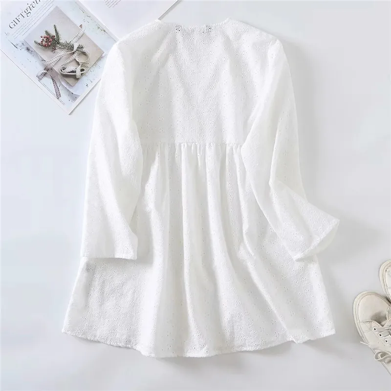 

NWOMN Za 2021 White Blouse Women Oversize Cut Out Embroidery Summer Woman Top Ruched Button Up Half Sleeve Casual Blouse