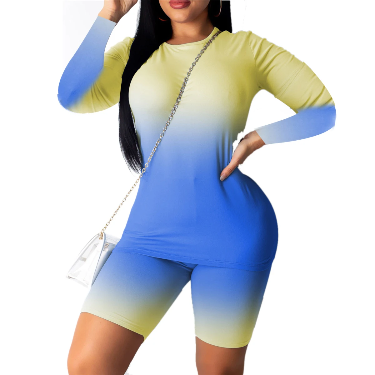 

2PCS Set Gradient Bodycon Womens Sport Suit Print Neon Tops Short Pants Workout Clothes Tracksuit Long sleeve Outfit Matching
