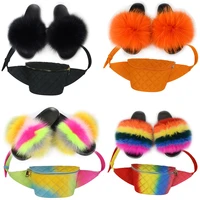 womens real fox fur slippers ladies furry fur slides female shoes colorful jelly bags waist bags fashion belt bags fur sandals