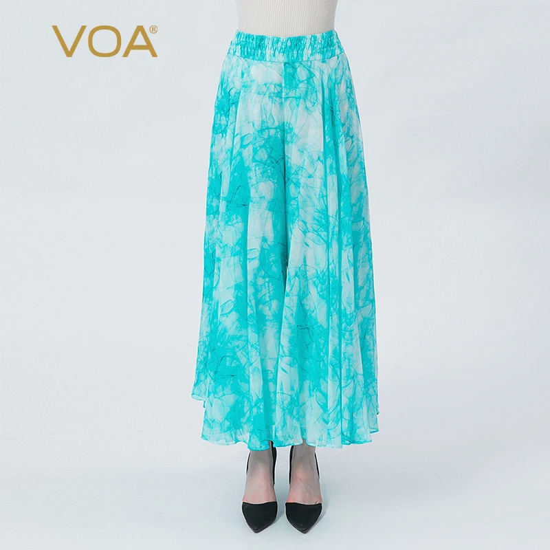 

VOA Silk Georgette Blue Ink Light Gauze Trousers Printing Dyeing Literary Commuter Invisible Side Stretch Wide-leg Pants KE533
