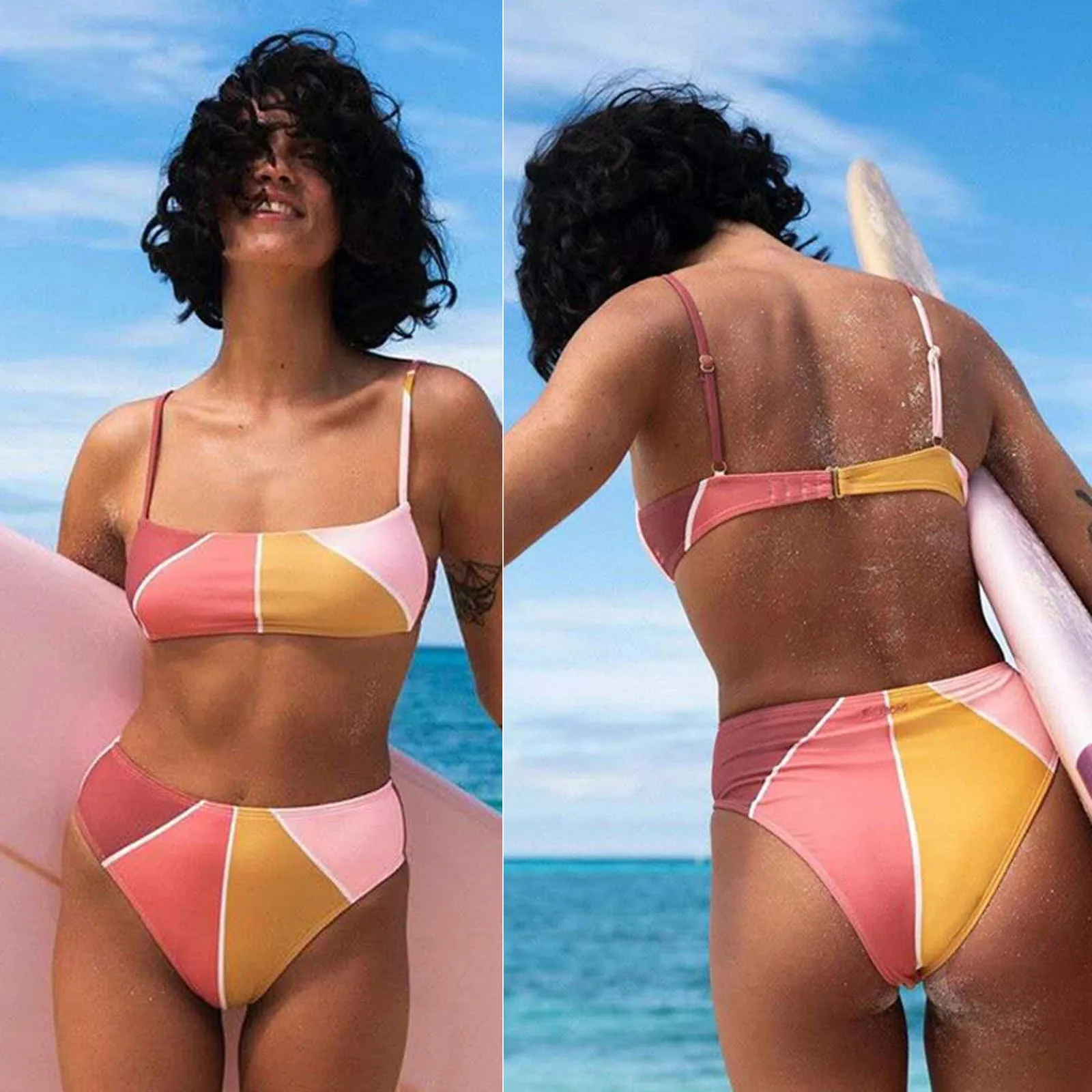 

trajes de bao mujer Women's Fashion Colorful Geometric Halter Sexy Split High Waist Bikini Swimsuit Biquinis 2021 mujer tanknis