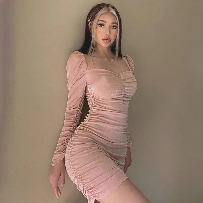 

Women Casual Robe Shirring Ruched Mini Dress Lady 2022 Spring Chest Wrapping Long Sleeve Tight-Fitting Hips Bodycon Sukienka S-L