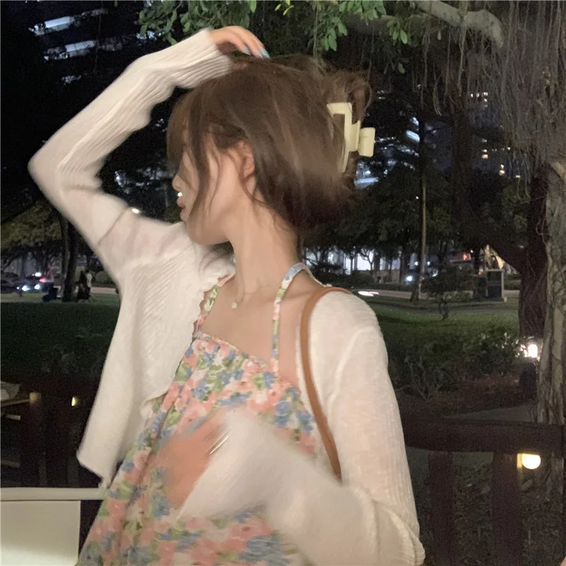 Summer Phuket Pure Sling Wind Spice Girl Sweet Broken Flower Hanging Neck Belly Pocket Versatile Cardigan | Женская одежда