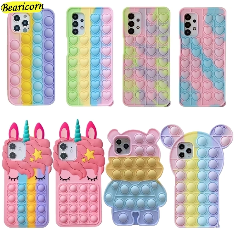 

Pop Bubble Fidget Toys Case For Samsung Galaxy S21 S20 FE S10 S9 Plus Note 9 10 20 Ultra 5G Rainbow Beans Cartoon Unicorn Cover