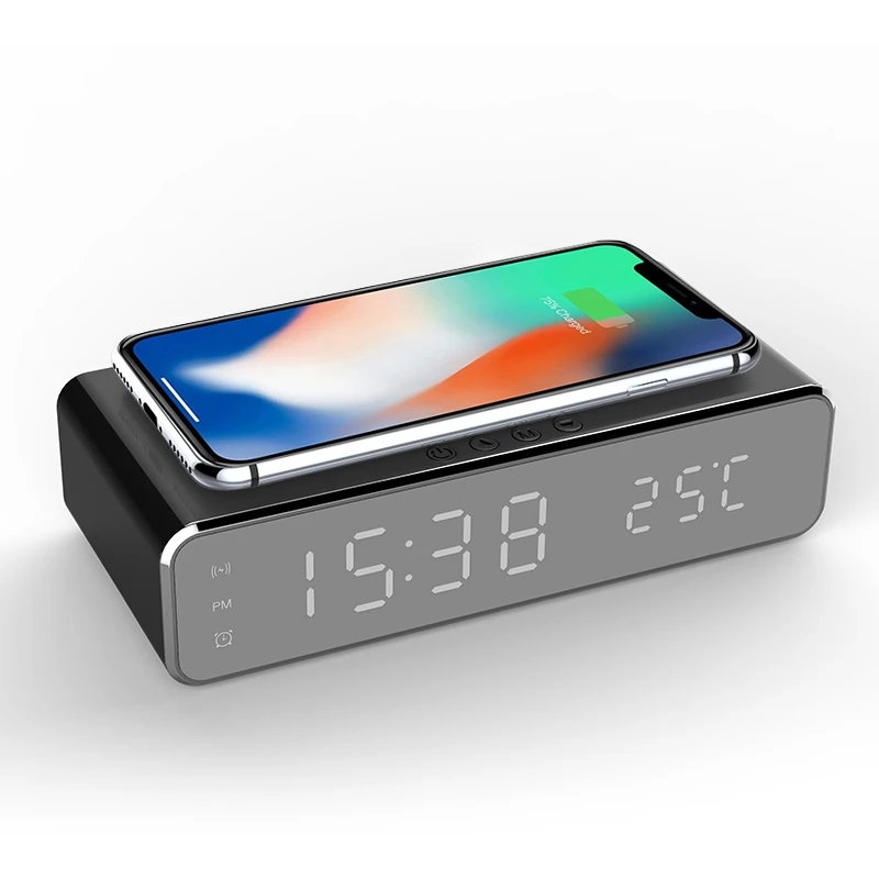 Electric LED Alarm Clock with Wireless Phone Charger and Digital Thermometer - HD Mirror Clock with Date and 12/24 Hour Switch image 6