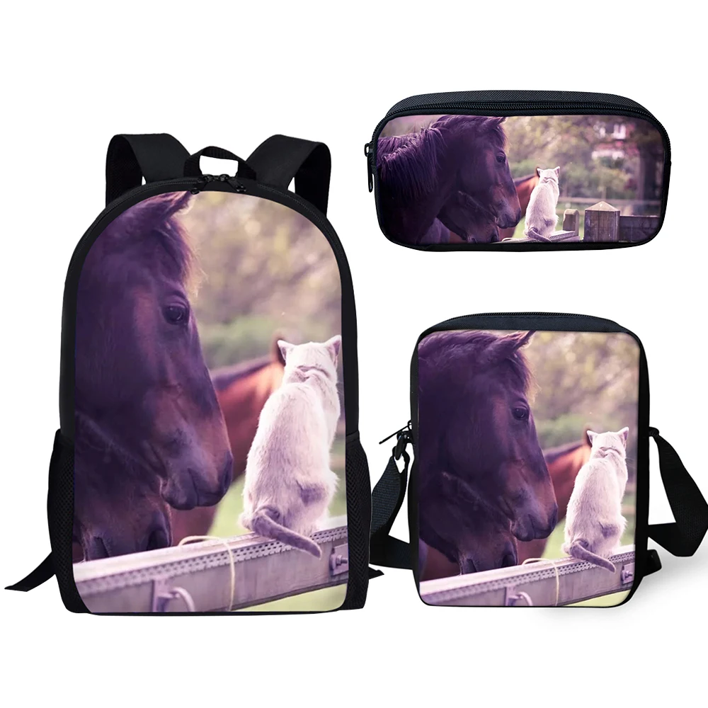 HaoYun Fashion 3PCs Set Backpacks Cute Horse Pattern Kids School Book Bags Set Cartoon Students Backpack/Flaps Bags/Pen Bags