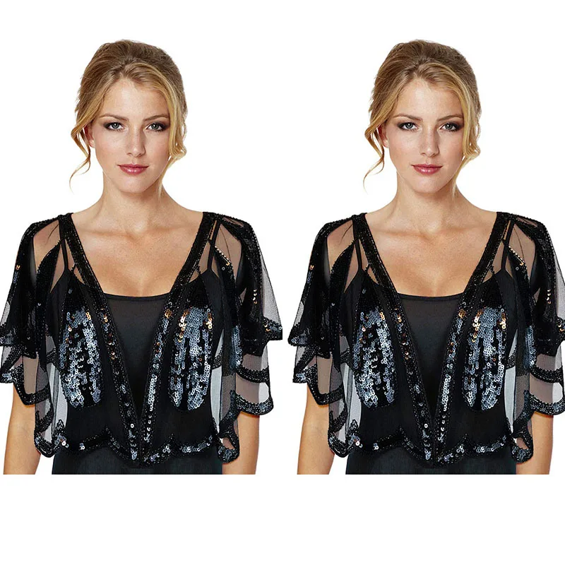 2 black shawl Женская винтажная шаль 1920 s, расшитое бисером и блестками болеро, Хлопушка, вечерняя накидка - Цвет: 2 black shawl