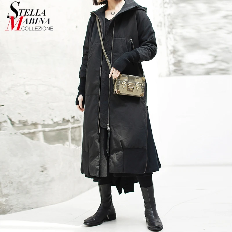 Новинка 2019 корейский стиль женский зимний однотонный черный Тренч с капюшоном на