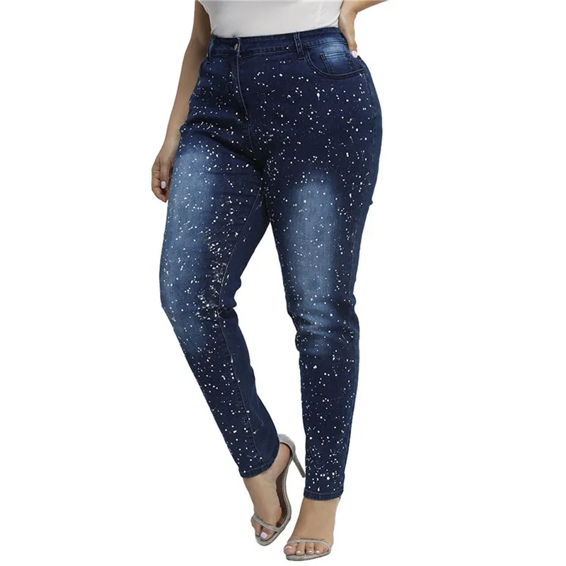 

FNOCE 2020 new women's jeans pants large size fashion casual Paint white spots print high waist tight stretch slim pencil pants