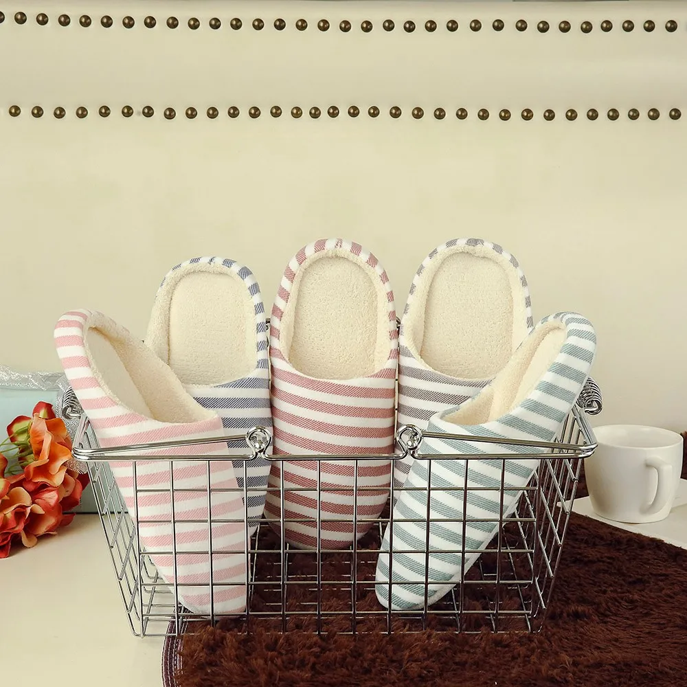 

SAGACE Winter Home Slippers Women Men Warm Striped Slipper Indoors Anti-slip Winter House Shoes Slip-On Ladies Indoor Slippers
