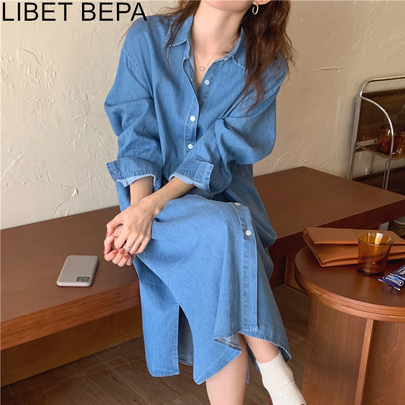 

Женское джинсовое платье-рубашка, однобортное элегантное осеннее длинное платье оверсайз с высокой талией, DR9320, 2021