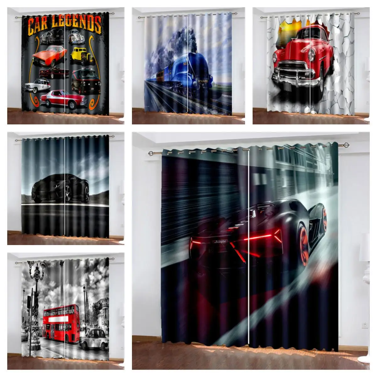

3D Printing Cool City Sports Car Design Adult Bedroom Living Room Curtain Shade Customizable Curtain Set with Hook Accessories