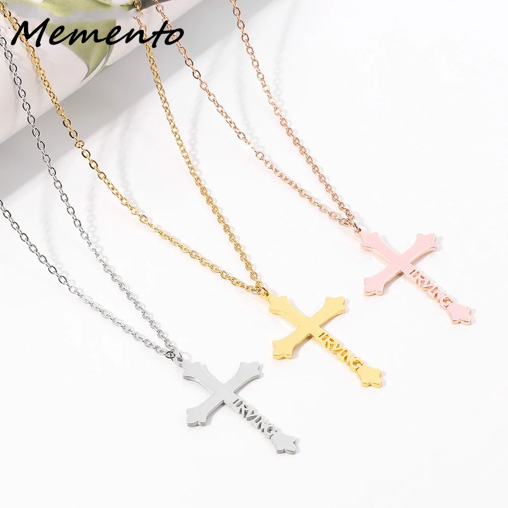 

Memento Custom Cross Name Necklace Personality Stainless Steel Chain Nameplate Pendant Choker Jewelry For Women Birthday Gift
