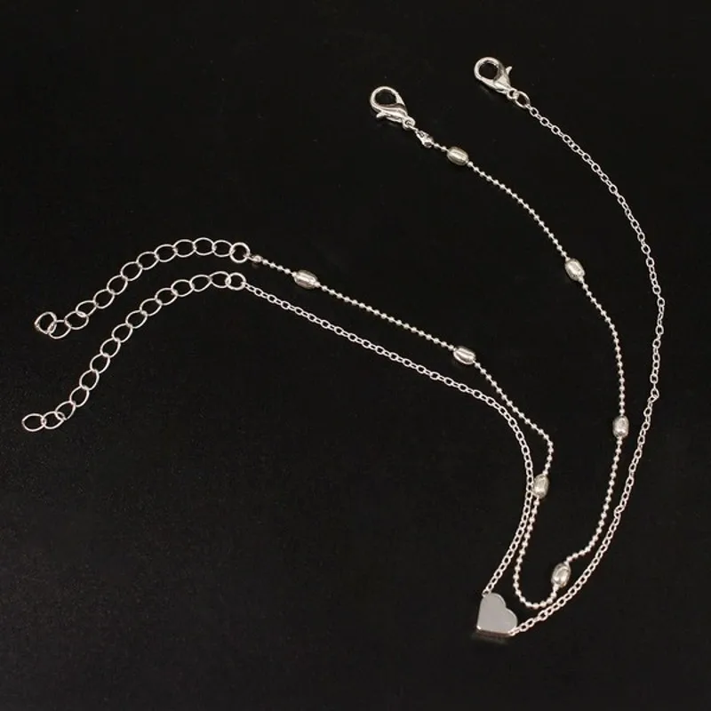 

2 Pcs Fashion Silver Gold Color Beads Heart Anklet for Women Girls Bohemia Anklets Vintage Foot Bracelet Beach 2021 Jewelry