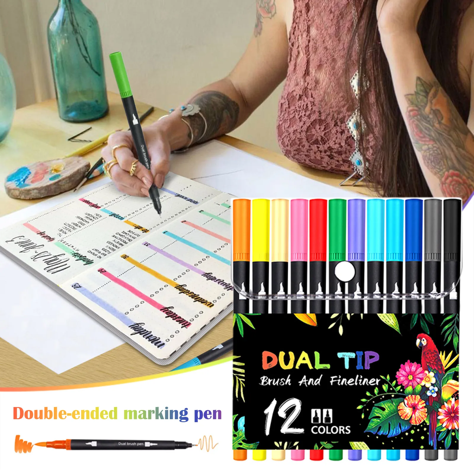 

Маркеры Цветные двусторонние с мягкой кистью, 12 шт.