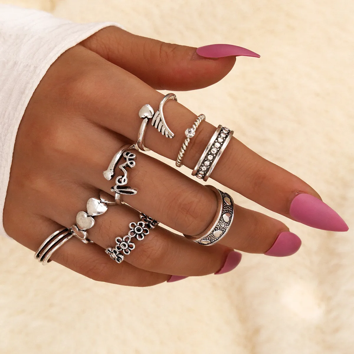 

Весенне-летняя упаковка из 8 креативных колец на костяшки с металлическим тиснением лист/звезда/волна/дизайн в форме сердца в полированной