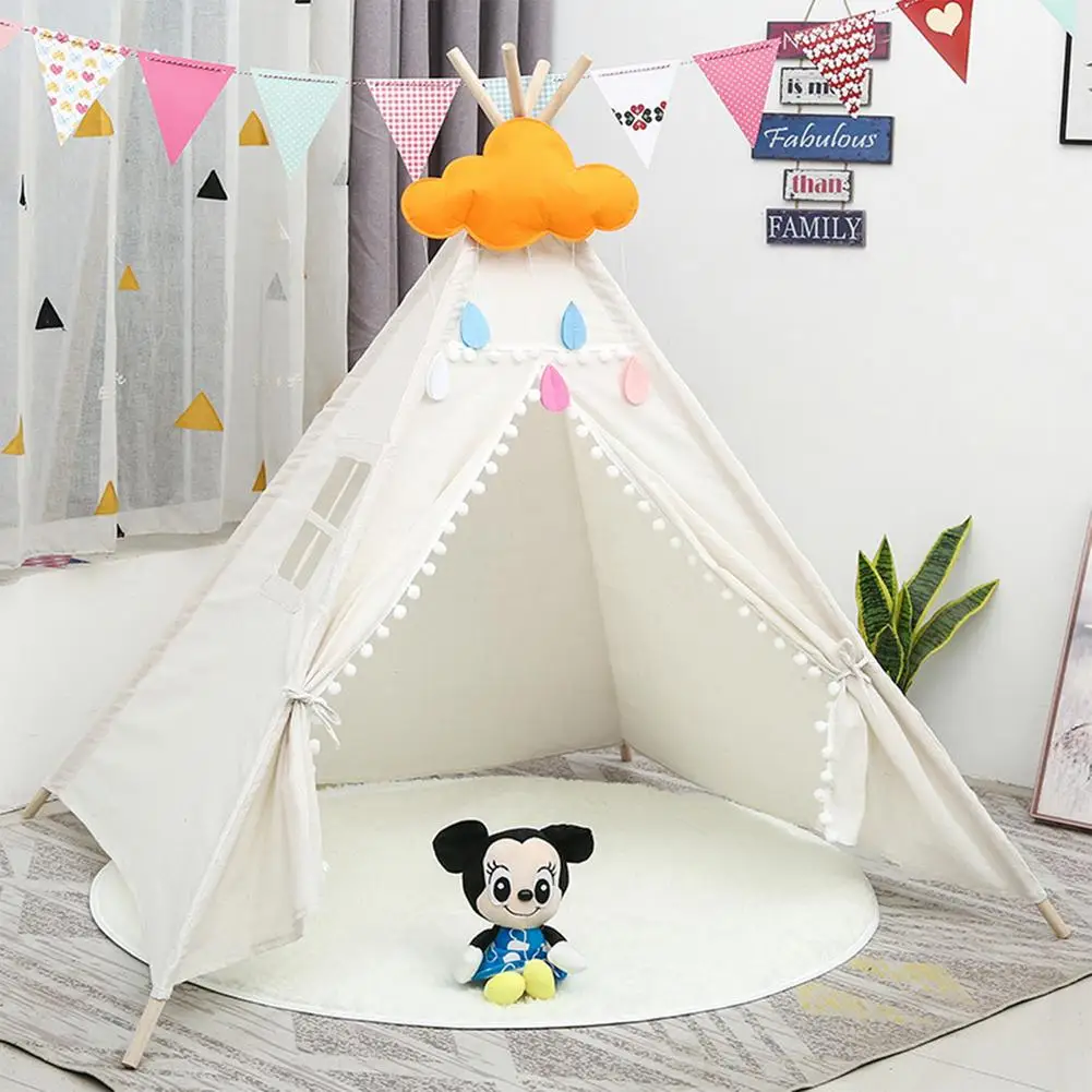 

Kids Tiny Play Tent Yellow Tassel Canvas Teepee Playhouse Kids Tent Play House Portable Outdoor Camping House