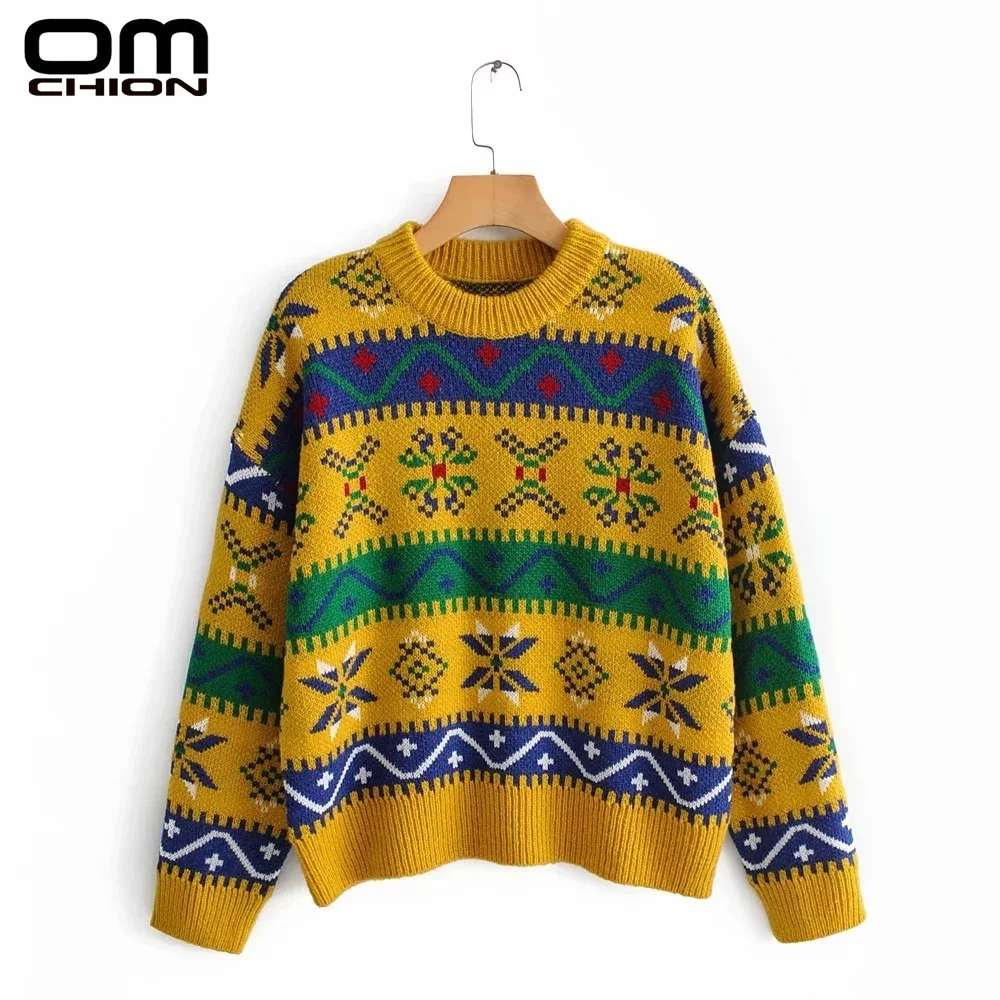 OMCHION Pull Femme осень-зима корейский Красочный геометрический плотный винтажный