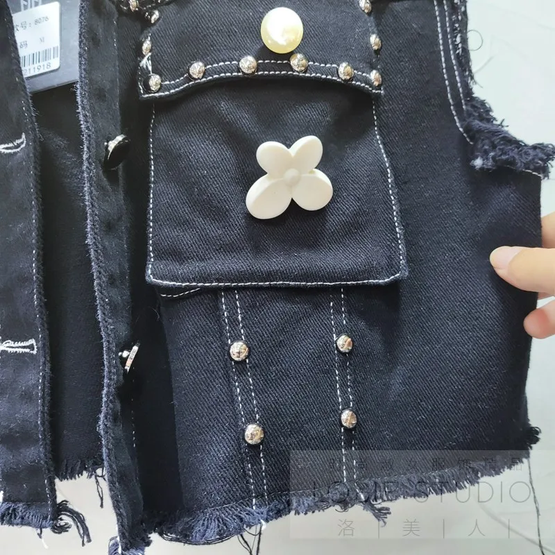 

Fashion Pearl Pendant Sleeveless Denim Jacket+High Waist Slimming Shorts 2021 Summer Temperament Streetwear 2 Piece Set