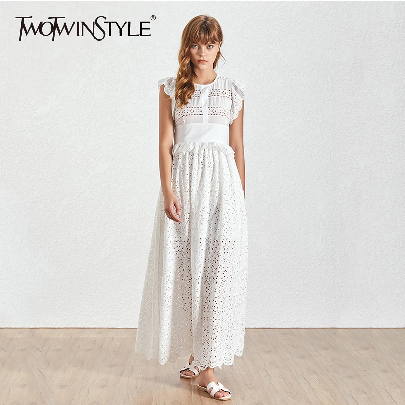 Длинное кружевное платье TWOTWINSTYLE весеннее без рукавов с высокой талией 2020|Женские