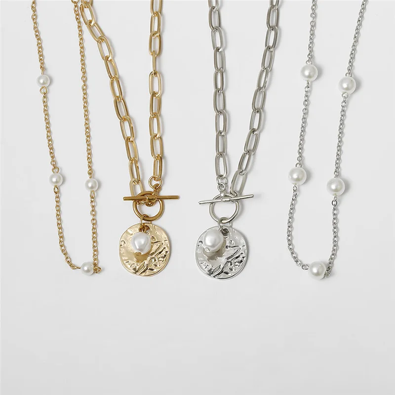 

Fashion Chain Pearl Necklace For Women Baroque Pearl Metal Charm Pendants Necklaces Choker Chain Jewelry Gold Silver Color Coin