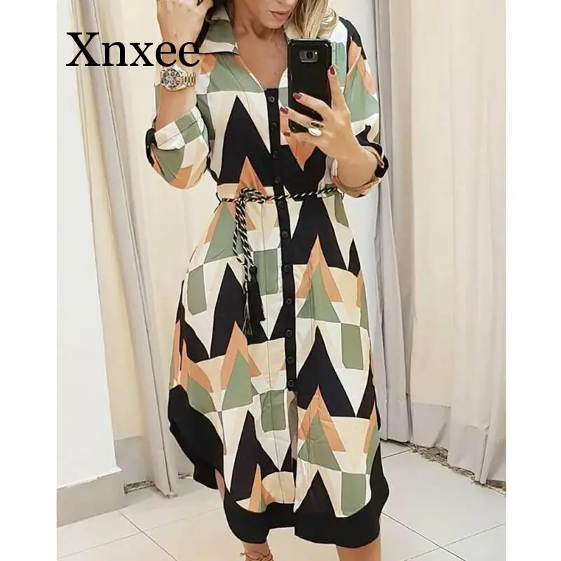 

Geometric Casual Stright New Dress Women's Long Shirt Dress Wave Print Long Sleeve Casual Holiday Midi Ladies Dress sunbeach