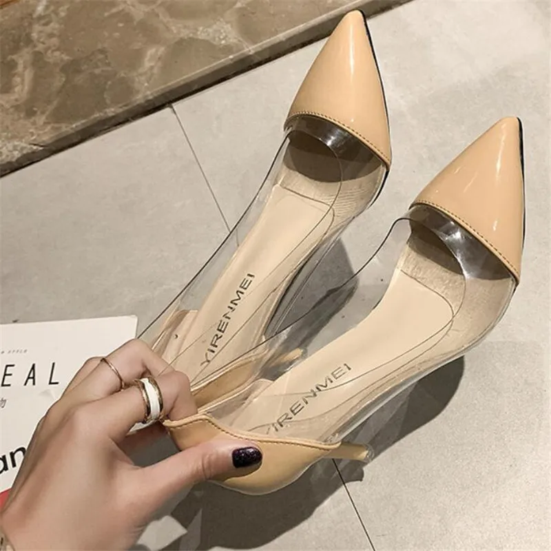 

2020 Latest Fashion Women High Heels Luxury Brand Exclusive Leather and PVC Pointed Toe Pumps Dress Shoes 8CM size 34-39