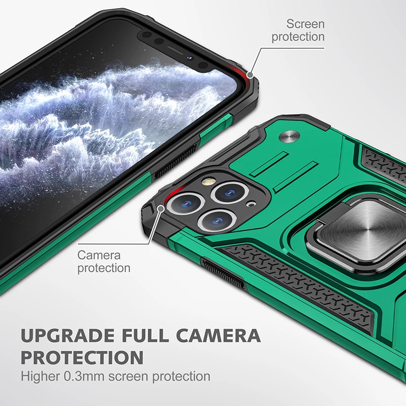 Rugged Military Grade Armor Phone Case for iPhone 12 Pro Max Mini 11 Pro XS Max XR 6 6S 7 8 Plus Ring Holder Kickstand Cover