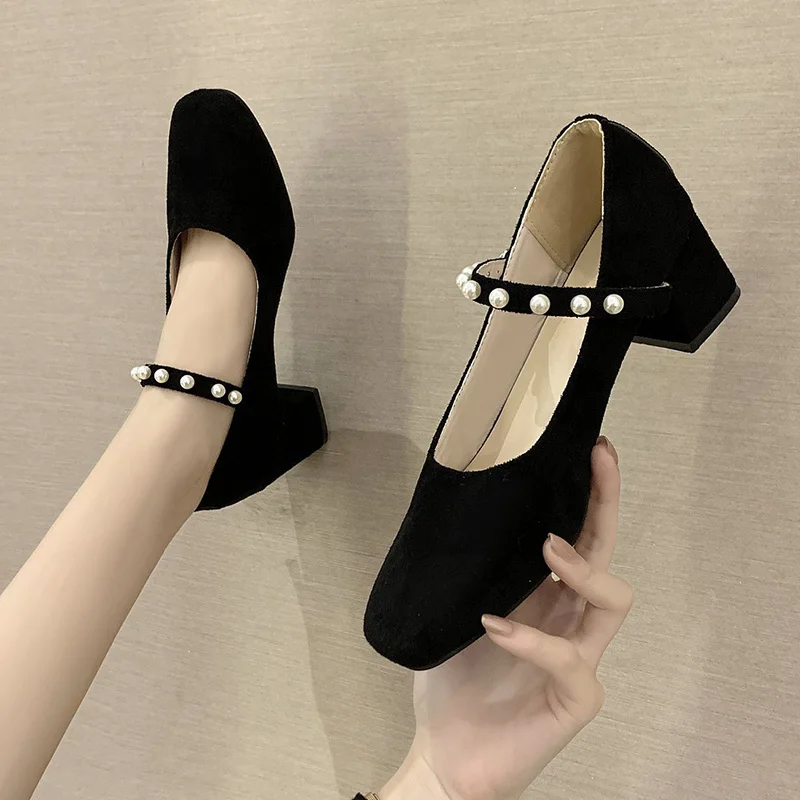 

3cm Heels 2021 Women's High-Heeled Shoes Mary Jane Sandals Ladies Branded Pumps All-Match Shallow Mouth Square Toe 5cm Latest Be