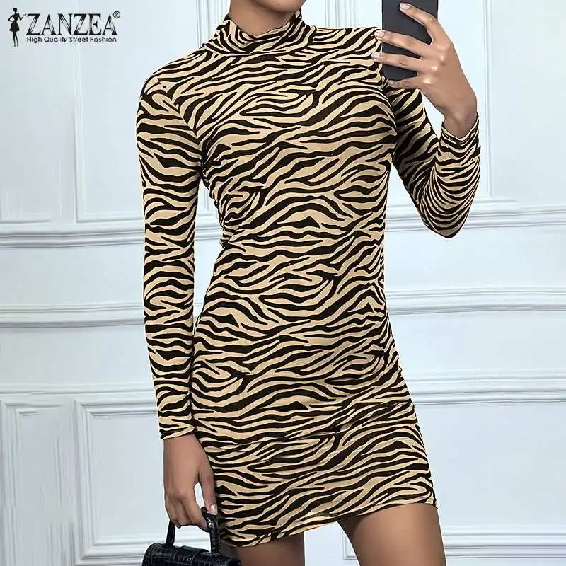 

Lady Elegant Casual Dresses Women Party Printed Short Robe 2021 Autumn Long Sleeve Skinny Vestido ZANZEA Sexy Bodycon Mini Dress