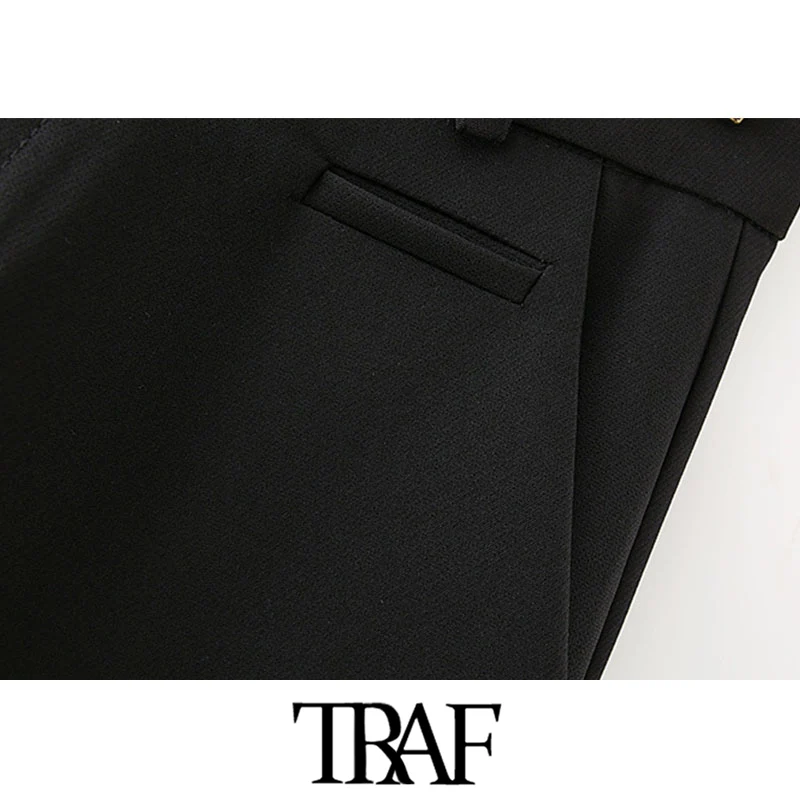 

TRAF Women Chic Fashion Side Pockets Straight Shorts Vintage High Waist Zipper Fly Female Short Pants Mujer