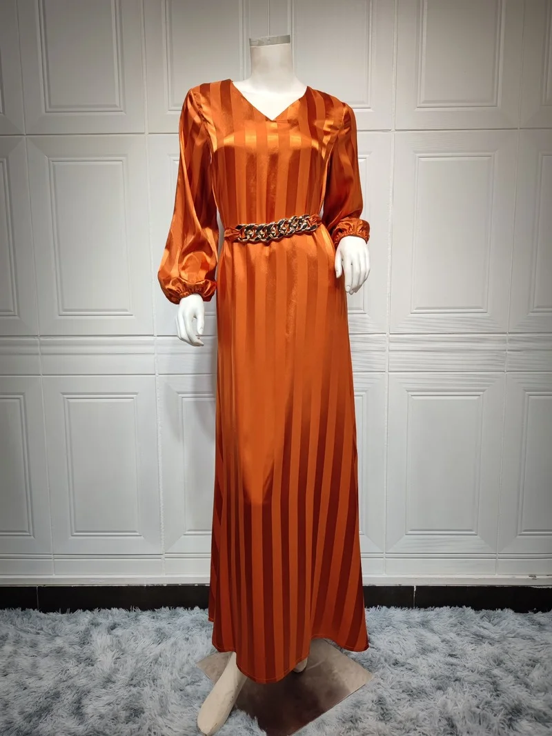 

Striped Jacquard Satin Maxi Dress for Women Ethnic Metal Belt Middle Eastern Arabic Oman Dubai Abaya Ramadan Eid Clothes 2022