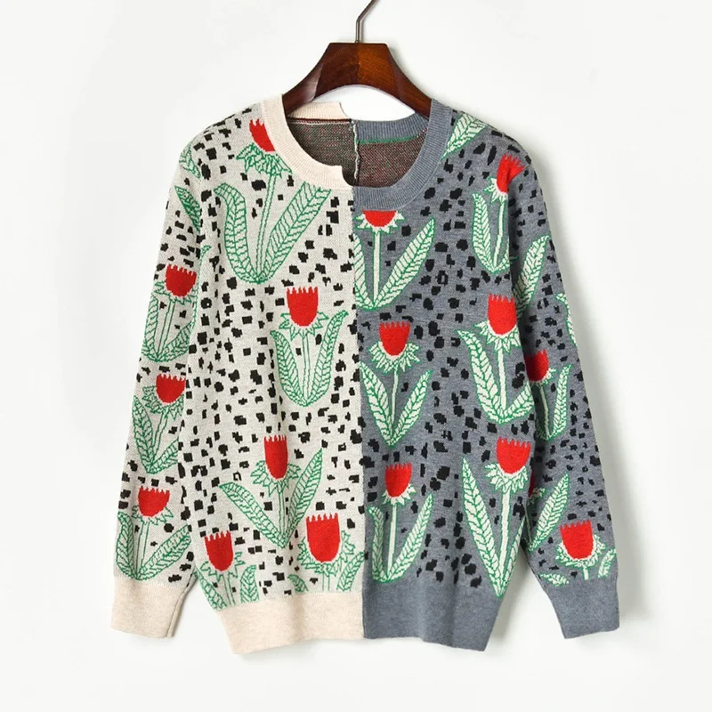 Свободный жаккардовый вязаный свитер для женщин 2019 осенний лоскутный